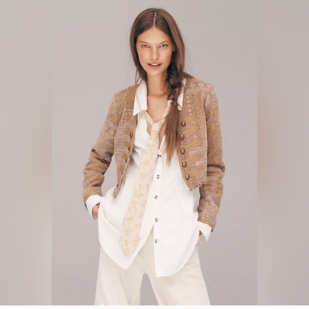 BNWT! L" FREE PEOPLE Juliette Cropped Jacket in Gold Combo - Picture 16 of 16